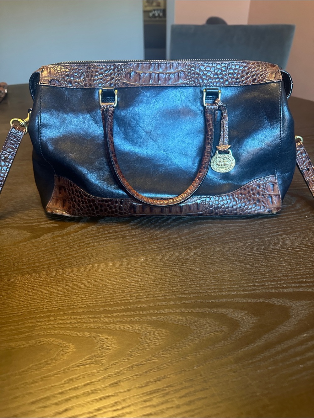 Brahmin Black Leather Satchel with Brown Croc-Embossed Trim